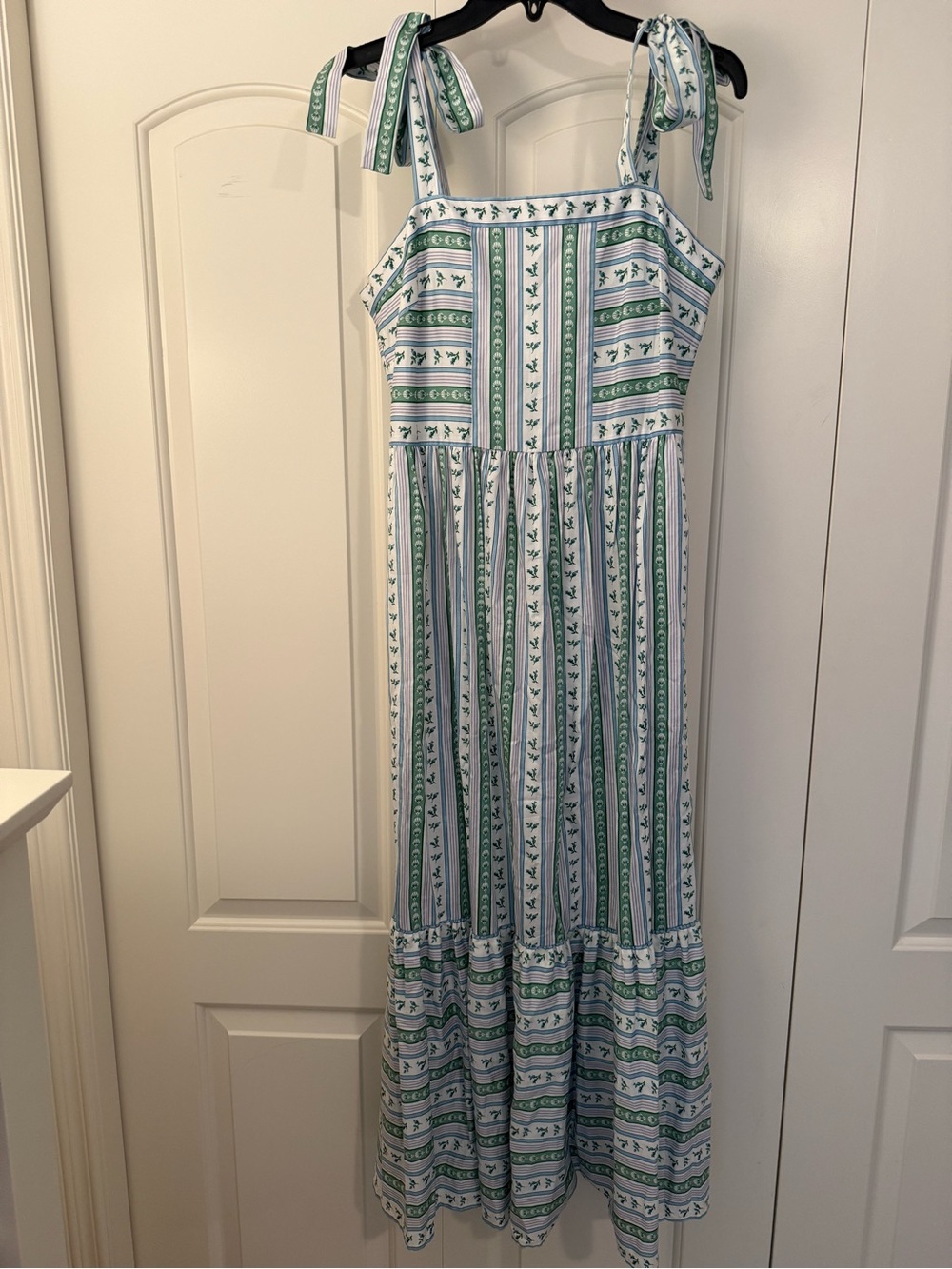 Gal Meets Glam Green & White Striped Tie-Shoulder Maxi Dress